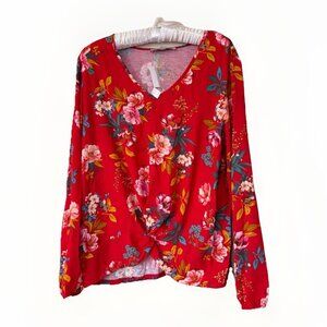 ANN TAYLOR LOFT 3/4 Sleeve Rayon V Neck Top Blouse Red Pink Green Medium